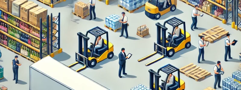 DALL·E 2024-10-15 15.04.04 - A busy scene at a beverage distribution warehouse with multiple workers engaged in different tasks. Some workers are driving forklifts moving pallets